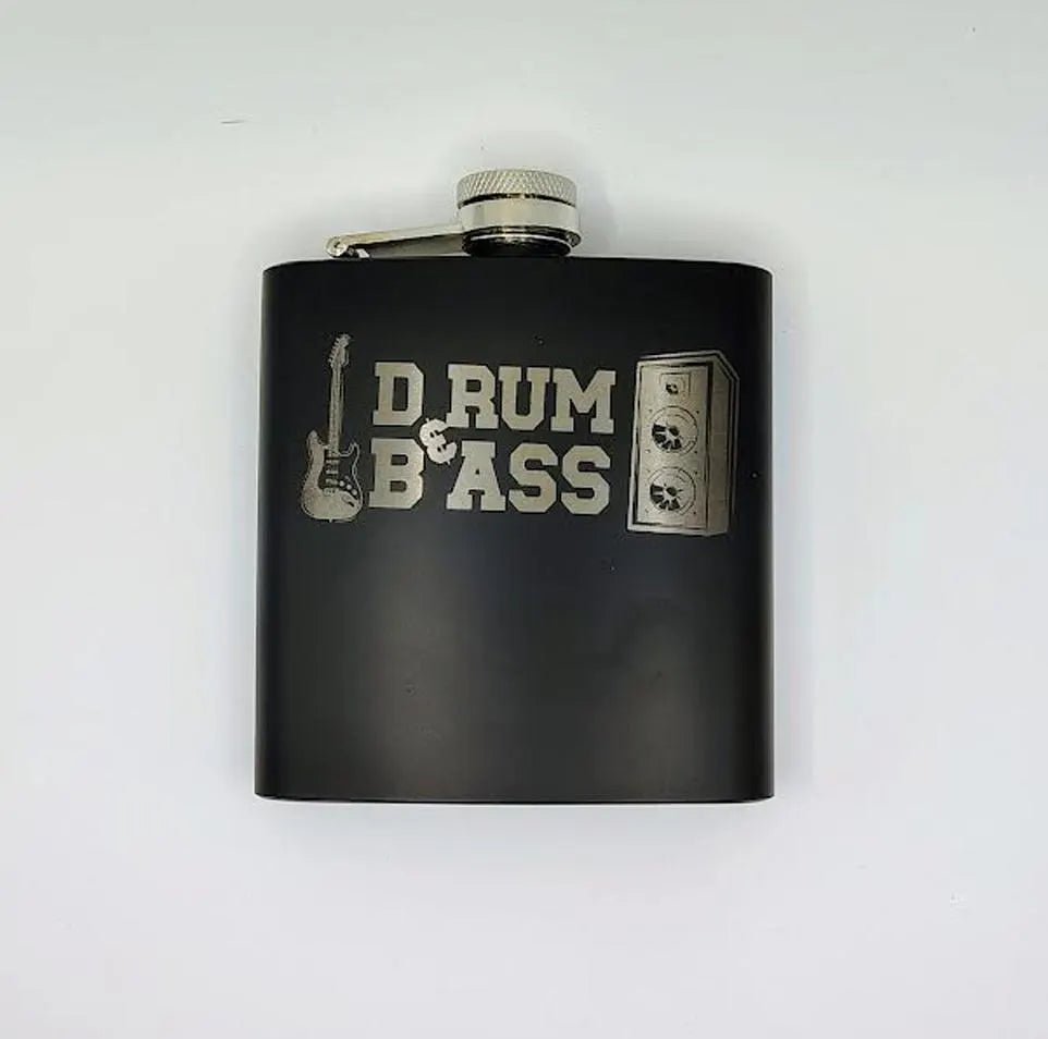 Drum & Bass Flask – Funny Engraved Stainless Steel Hip Flask | 6oz Black Flask - Lynn's T Shirts and Designs