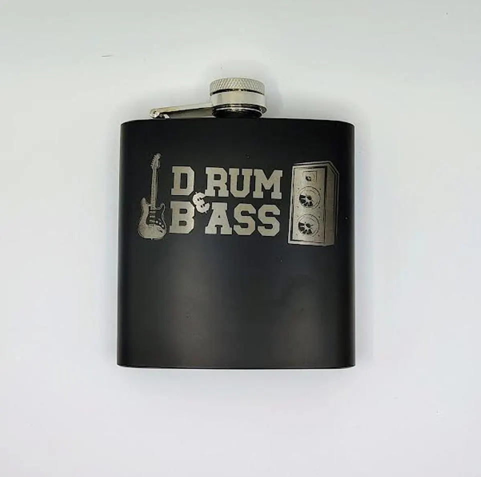 Drum & Bass Flask – Funny Engraved Stainless Steel Hip Flask | 6oz Black Flask