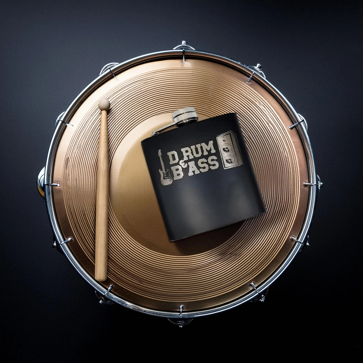 Drum & Bass Flask – Funny Engraved Stainless Steel Hip Flask | 6oz Black Flask - Lynn's T Shirts and Designs