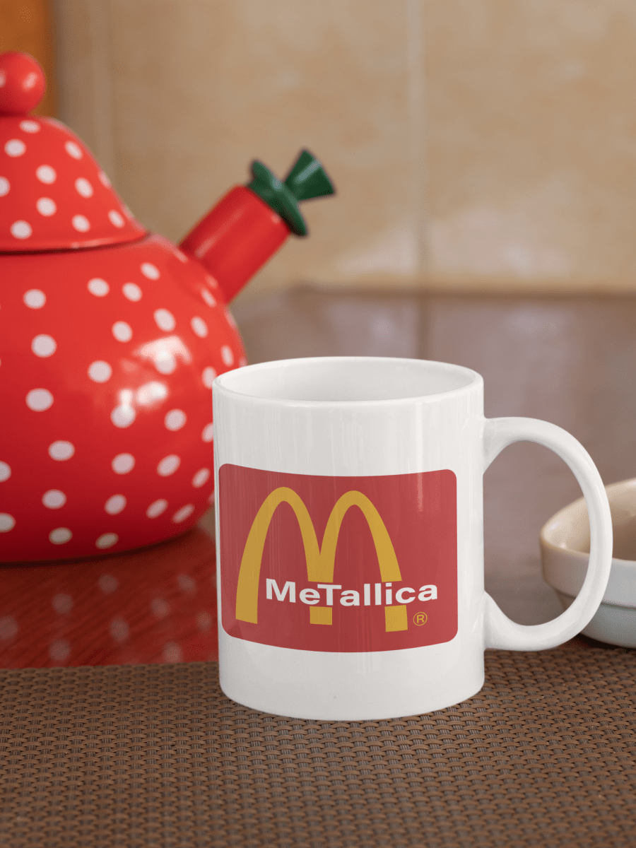 McTallica Mug – Funny McDonald’s x Metallica Parody Coffee Cup | 11oz White Ceramic Mug - Lynn's T Shirts and Designs