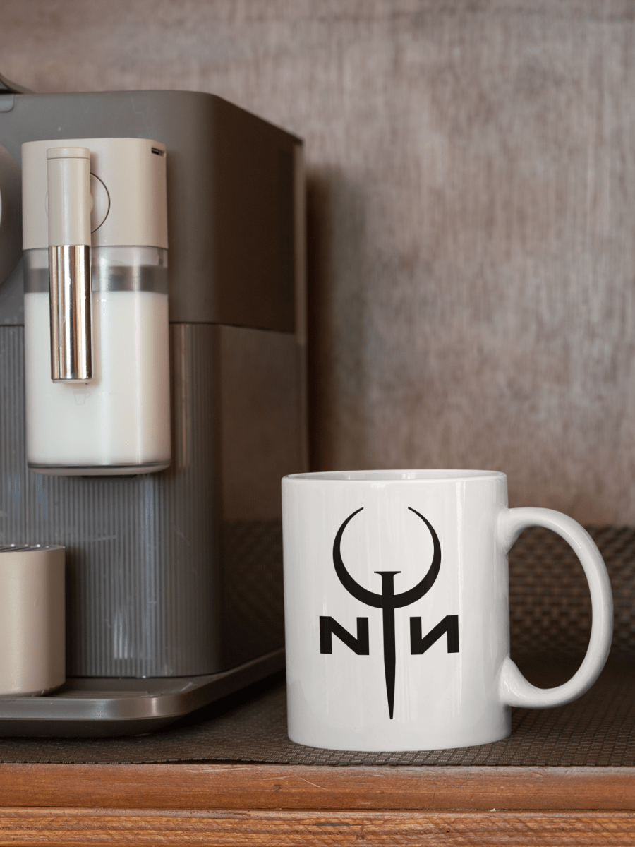 Nine Inch Nails x Quake Mug – Retro Gaming & Music Parody Coffee Cup | 11oz White Ceramic Mug - Lynn's T Shirts and Designs